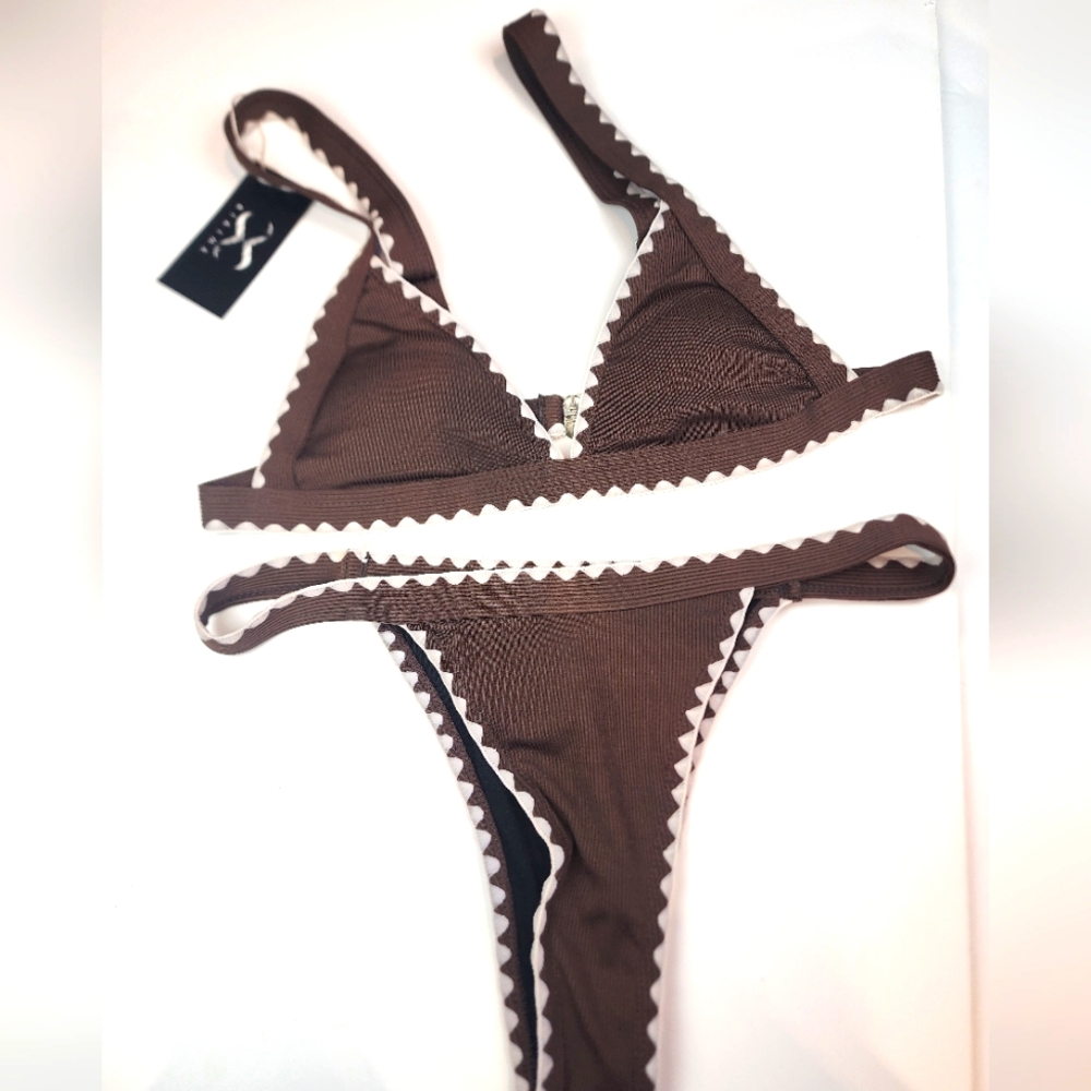 NWT Brown Sexy Thong‎ Bikini Ditsy Two Piece Swimsuit 855 Size M